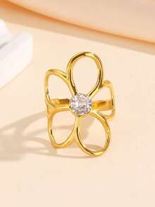 3pcs 18k Stainless Steel Gold Plated Luxury Hollow Flower Zirconia Open Ring Set, Spiral Water Drop Diamond Double Pearl Finger Ring, Adjustable Stackable. Women's Rings - Yellow Gold - View 4