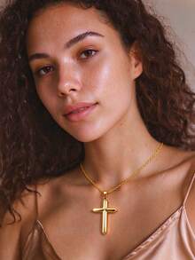 1pc Classic Cross Pendant Gold Necklace, 18K Gold Plated Exquisite Necklace, Stainless Steel Material Jewelry, Wear-Resistant Durable Rust-Proof Box Chain, Unisex Versatile Accessory Suitable For Daily Commute, Travel, Christmas And Other Occasions - Cross - View 4