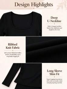 Women's Solid Color Ribbed Knit Long Sleeve Top, High Elasticity Slim Fit Tight Basic T-Shirt, Spring/Autumn Daily Casual Layering Shirt - Black - View 9