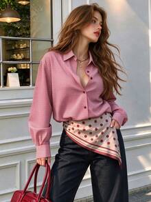 Women Fall Elegant Red Gingham Loose Long Sleeve Shirt, Collared Button Down Oversized Blouse, Back To School Halloween Casual Tops - Red and White - View 8