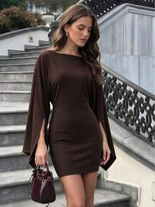 QUNGIGU Women Boat Neck Bodycon Dress Slit Bell Sleeve Elegant Outfits For Fall Winter Going Out Dating - Chocolate Brown - View 2
