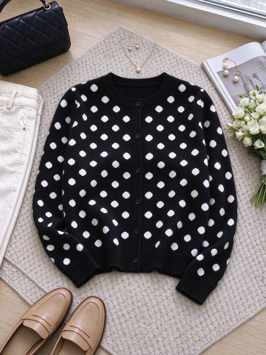 Women's Black And White Polka Dot Round Neck Front Button Long Sleeve Knit Cardigan Autumn Style - Black - View 1