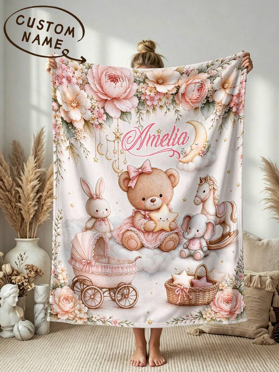 1pc Customized Name Bed Blanket, Personalized Bedding Blanket, Personalized Fleece Blanket, Cute Blanket, Comfortable Blanket, Home Gift, Birthday Gift, Christmas Gift, Personalized Gift, Gift For Son/Daughter, Gift For Friends - Style 1 - View 1