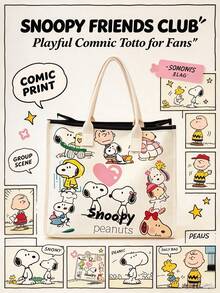 Peanuts 官方 Snoopy 卡通印花帆布包，大容量托特包兼肩背斜挎包，多口袋設計，可放入 14 吋筆電，耐用布料，適合青少年女孩/女性/學生，適用於上學/通勤/旅行，送給 Snoopy/Peanuts 粉絲的完美生日禮物 - A - 查看 4