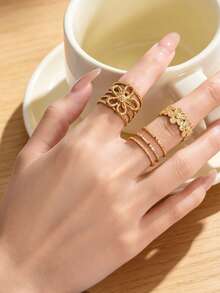 1/3pcs Women's Stainless Steel Gold Rings, Flower Shaped Non-Fading Rust-Proof Rings, Adjustable Size Without Size Opening, Suitable For Daily Wear, Gift For Women - Yellow Gold - View 11