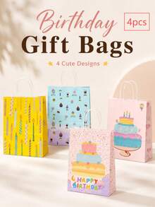 4/8pcs Mixed Styles Pastel Birthday Cake Pattern Paper Gift Bags With Handles, Happy Birthday Party Favor Packaging Bags, Candy Treat Carrier Bags For Birthday Party & Gift Packing - Multi-color - View 6