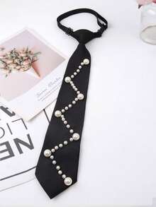 Black Geometric Pearl Tie For Women, No-Need-To-Tie Adjustable Retro College Style Stage Performance Accessory - Multicolor - View 5