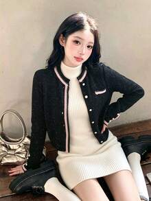 Women's Colorblock Trim Round Neck Single-Breasted Design Elegant Casual Versatile Long Sleeve Cardigan - Black - View 3