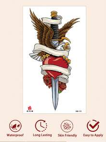 1pc Y2K Style Eagle Sword Rose Tattoo Sticker, Anime Floral Print Temporary Tattoo, Gothic Style Waterproof And Sweat-Resistant, Washable, Non-Reflective, Simulates Tattoo Effect On Arms, Legs, Shoulders, Chest, Back, Suitable For Fashion-Conscious People, Lasts 3 To 5 Days - Black - View 4