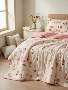 1pc Ultra-Soft Cooling Blanket - Lightweight All-Season Bedding, With Stylish Plaid Pattern, 100% Polyester, Machine Washable Suitable For Single/Double Bed, Hotel, Camping And Home Decor, Back To School/School Season/Dorm Bedding Hotel-Grade Luxury Bedding | Modern Stitched Design | Technology Embossed - Pink - View 1