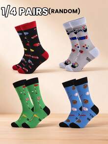 1/4 Pairs Fun Sports Theme Mid-Calf Men's Socks, Football / Golf / Baseball / Game Controller Jacquard, Personalized Casual Socks Gift - Multicolor - View 11