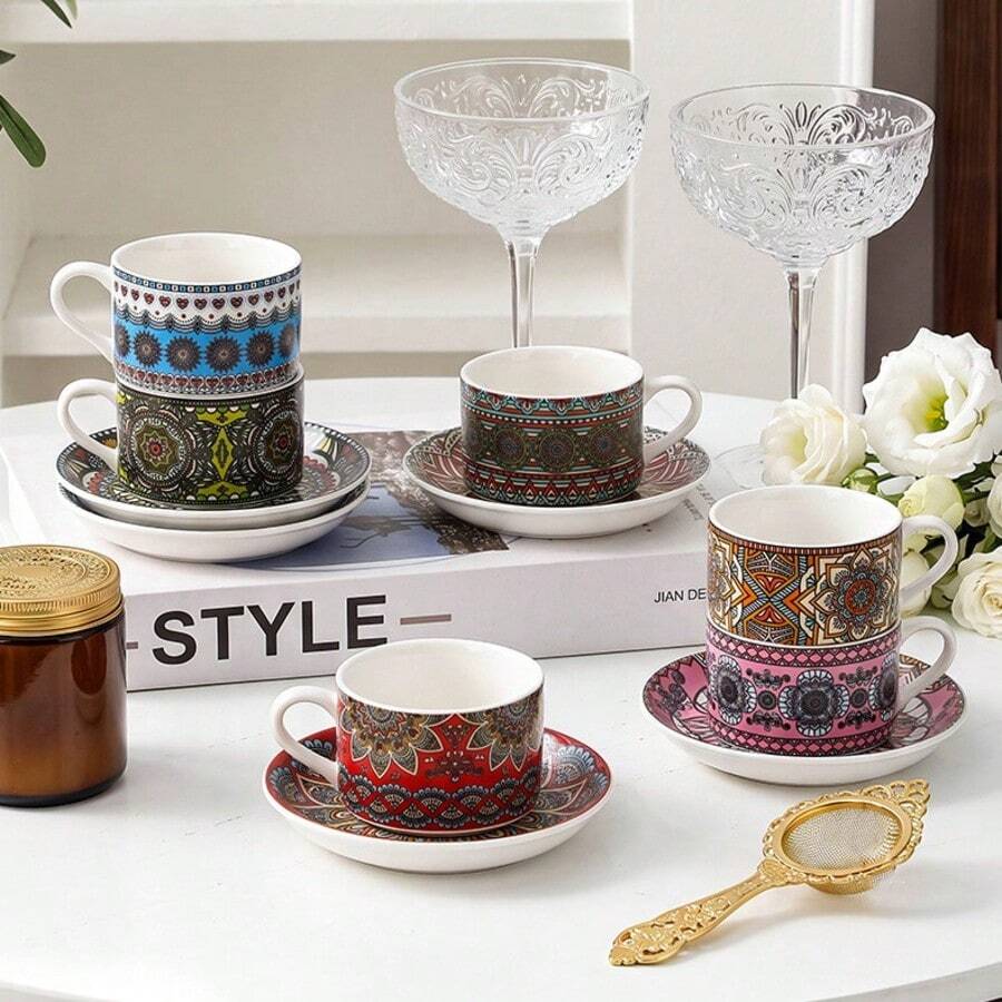 YOLIFE 1 Set 100ml Espresso Cup, Bohemian Vintage Ceramic Coffee Cup And Saucer, British Afternoon Tea Cup, Middle Eastern Espresso Cup, Stackable With Metal Storage Rack, Home Afternoon Tea Set, Office Coffee Cup, Housewarming Holiday Gift - Multicolor - View 1