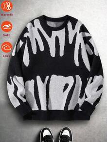 Teen Boys Black Crew Neck Pullover Sweater, Simple Casual Warm Soft Knit - Black - View 2