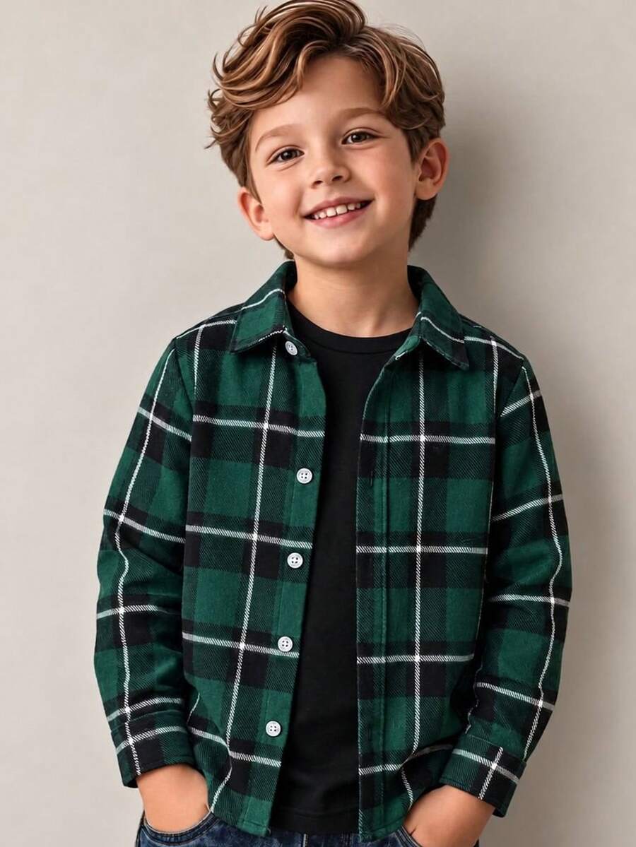 BOARNSEORL Young Boys Green Plaid Long Sleeve Shirt, Fashionable And Versatile, Suitable For Birthday Parties, Christmas Parties, Outdoor Activities - Dark Green - View 1