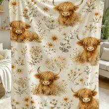 1PC Highland Cow & Daisy Watercolor Pattern Flannel Blanket, Sofa Bedroom Pastoral Style Home Decor Throw - Multicolor - View 8