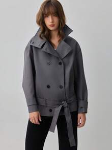 Women's British Style Long Sleeve Stand Collar Tie-Front Trench Coat Jacket, Suitable For Autumn/Winter - Dark Grey - View 8