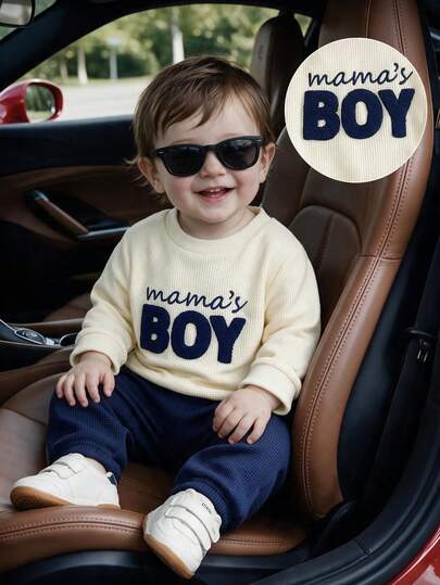 Conjunto de 2 piezas para bebé niño, sudadera de manga larga con bordado de letra en tela de gofre y pantalones largos de cintura elástica, estilo casual y lindo para otoño/invierno