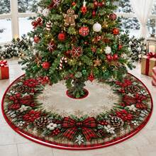 1pc Red & Black Plaid Bow & Pinecone Pattern Christmas Tree Skirt, Elegant Holiday Decor, 5 Sizes, Unisex Holiday Gift, Suitable For Home And Party Christmas Decor - Red and Black Plaid Bow Pinecone - View 6