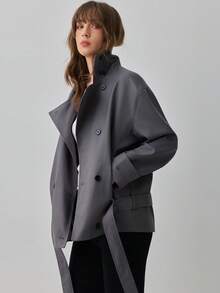 Women's British Style Long Sleeve Stand Collar Tie-Front Trench Coat Jacket, Suitable For Autumn/Winter - Dark Grey - View 9