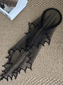 1PC Wavy Beaded Headband & Scarf Trim, New Black Veil Halloween Headdress, Retro Tulle Hair Accessory - Black - View 9