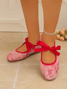 Round Toe Pink Fairy‑Style Slip‑On Flats For Women, 3D Flower Mesh Fabric, Bow Strap Lightweight Foldable Commute Shoes - Pink - View 5