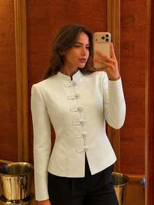 Women's Autumn/Winter Elegant Party New Chinese Style Vintage Stand Collar Frog Button Jacket - Apricot - View 11