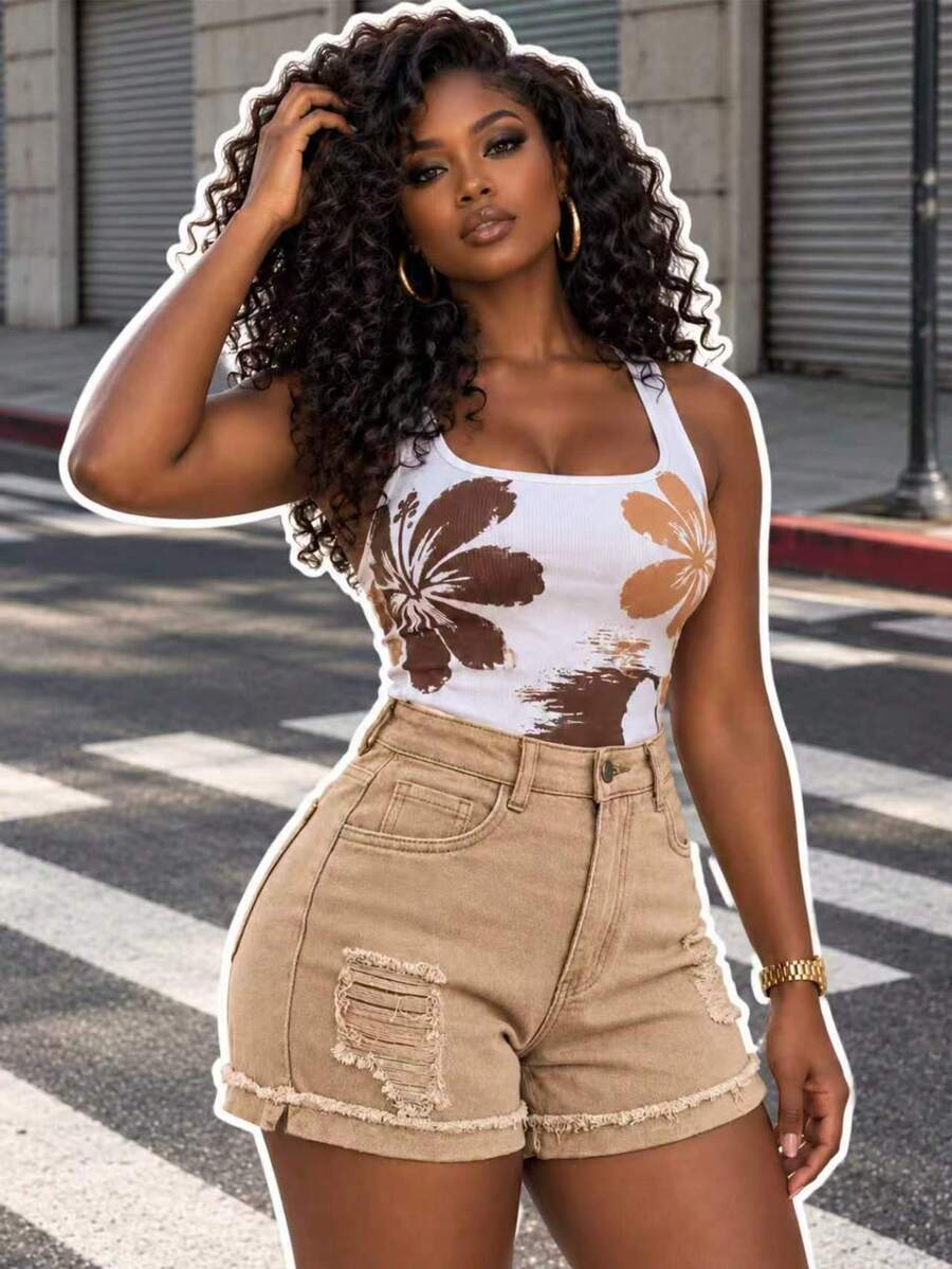 Women's Vintage Pocket Distressed Denim Shorts Casual Summer - Apricot - View 1
