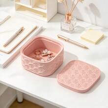 Vintage Shell Fan-Shaped Embossed 3D Printed Dust-Proof Jewelry Storage Box With Lid, Large Capacity For Jewelry And Makeup Accessories, Bedroom Vanity Decor, Sweet Luxury Style Highly Attractive Holiday Gift - Pink - View 3