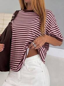 GLAMSKIN Women's Summer/Autumn Basic Striped Crew Neck Loose Short Sleeve T-Shirt, Solid Color Minimalist Casual Top Pink - Pink - View 4