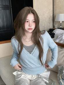 Korean Style Casual Lace Trim Cross V-Neck Autumn/Winter Design Waist-Flattering Slimming Ribbed Texture Women's 2 Pieces Top Set - Baby Blue - View 2