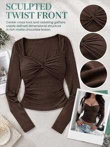 Atasan Crop Top Lengan Panjang Leher Hati Rajut Warna Cokelat Polos untuk Wanita, Desain Depan Berpilin, Cocok untuk Jalan-jalan dan Kencan - Coklat - View 8