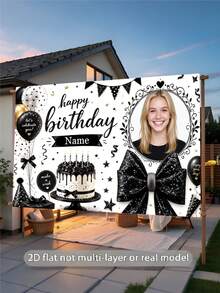 Customizable Photo & Name Black Glitter Sequin Bow Happy Birthday Backdrop, Balloons, Banners, Birthday Hats, Gift Boxes, Text Blessings, Ribbon Decor Design Suitable For Birthday Party Cake Table Background Decoration Photography Banner Vinyl - Black - View 5