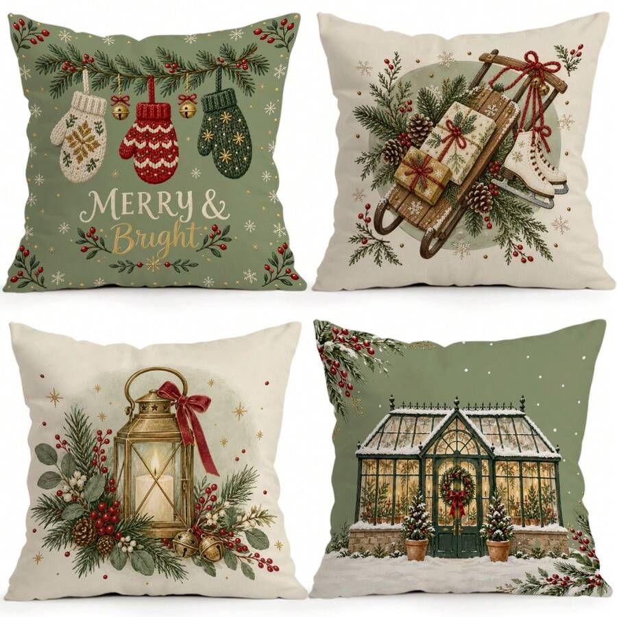 4pcs/1pc Winter Olive Green Vintage Sled Pattern Pillow Case, Single-Sided Print Pillow Cover, Suitable For Living Room, Bedroom, Home Decor, All-Season Pillow Case - Multicolor - View 1