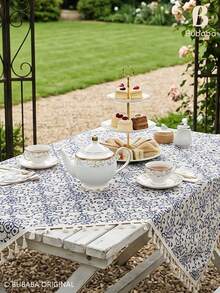 Blue Floral Scroll Tassel Tablecloth, Cotton Linen Texture Rectangular Table Cover, Vintage French Farmhouse Style Tablecloth, Suitable For Dining Table, Party And Home Decor - Multicolor - View 9