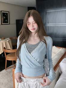 Korean Style Casual Lace Trim Cross V-Neck Autumn/Winter Design Waist-Flattering Slimming Ribbed Texture Women's 2 Pieces Top Set - Baby Blue - View 3