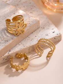 1/3pcs Women's Stainless Steel Gold Rings, Flower Shaped Non-Fading Rust-Proof Rings, Adjustable Size Without Size Opening, Suitable For Daily Wear, Gift For Women - Yellow Gold - View 4