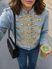 GMFP Women's Fall Spring Vintage Casual Light Wash Denim Stand Collar Braid Trim Gold Button Jacket Homecoming Halloween Christmas Party Daily Season - Light Wash - View 2