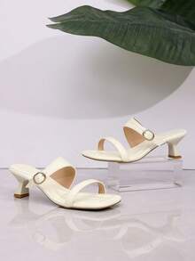 1Pair Women Solid Plain Decor Faux Leather Buckle Strap Square Toe Kitten Heel Slide Sandals,Elegant For Summer Holiday - White - View 8