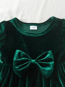 1pc Baby Girl Cute Velvet Long Sleeve Round Neck Dress Thin Autumn/Winter Christmas Outfit - Dark Green - View 5
