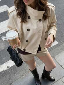 GMFP New Women's Fashion Versatile Minimalist Pleated Short Trench Coat - Beige - View 1