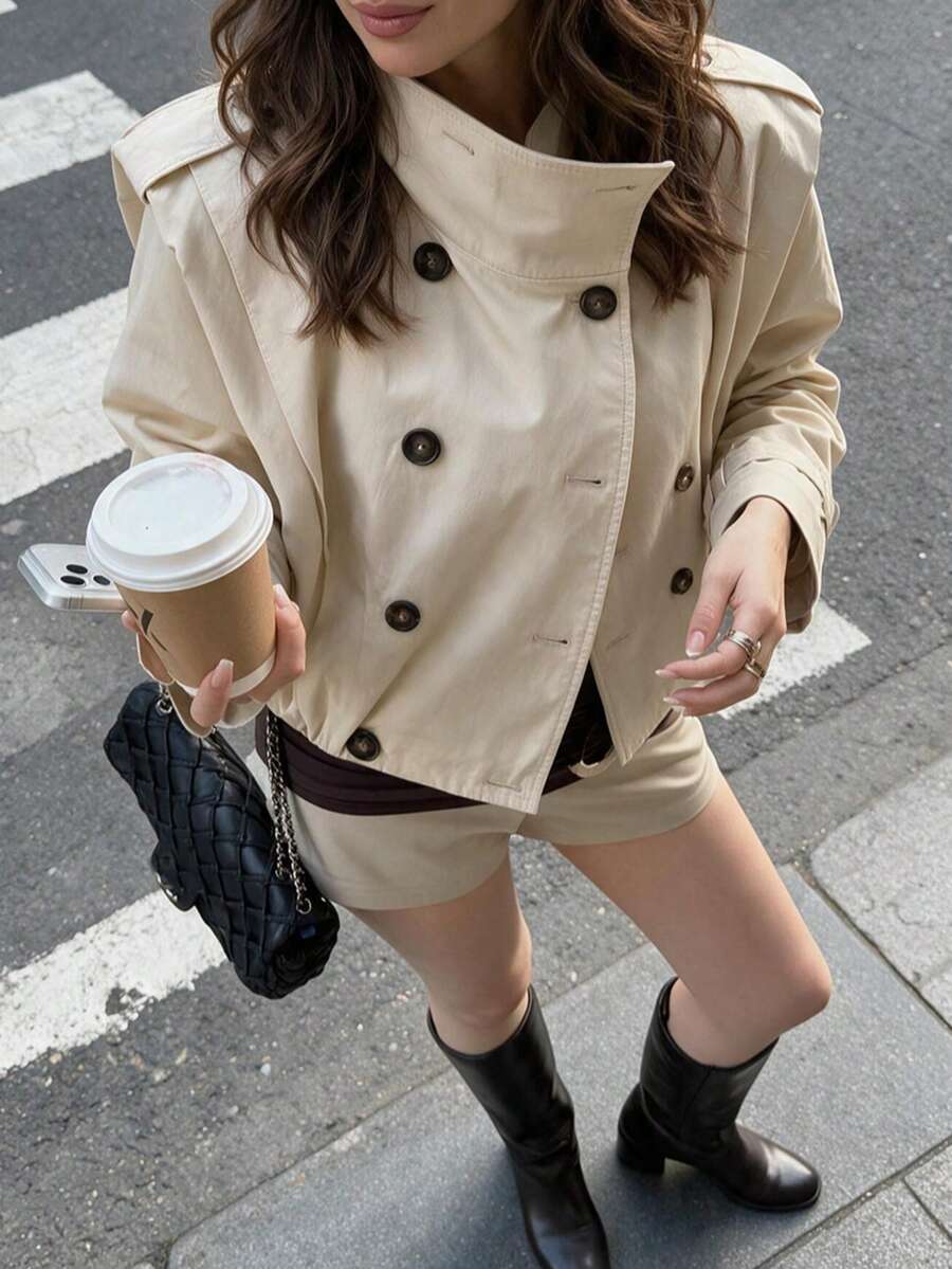 GMFP New Women's Fashion Versatile Minimalist Pleated Short Trench Coat - Beige - View 1