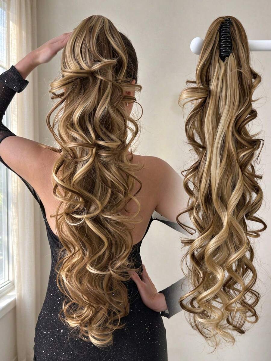 HEYPINK Extensiones de Cabello de Cola de Caballo con Garra de 32 Pulgadas, Cabello Largo Natural Ondulado, Extensiones de Cabello Extra Largo de 32 Pulgadas, Marrón/Rubio