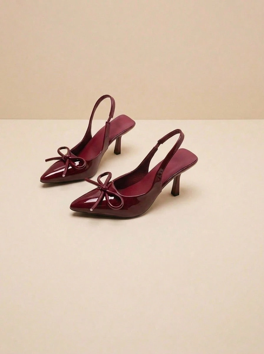Amorya Women's High Heel Pumps, Thin Heel, Elegant Pointed Toe, Bow Knot, Kitten Heel, Elastic Back, Closed Toe Sandals