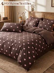 2/3pcs Brown Heart Print Duvet Cover Set, Bedding Set, Comfortable & Breathable, Lightweight, Anti-Pilling/Machine Washable, Room Decor, Bedroom Decor, Dorm Bedding, All Season, Suitable For Twin/Full/Queen/King Bed, Autumn Home Decor, No Filling, Home Decor - Multicolor - View 2