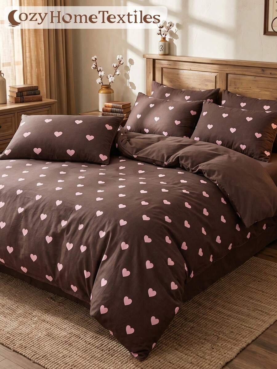 2/3pcs Brown Heart Print Duvet Cover Set, Bedding Set, Comfortable & Breathable, Lightweight, Anti-Pilling/Machine Washable, Room Decor, Bedroom Decor, Dorm Bedding, All Season, Suitable For Twin/Full/Queen/King Bed, Autumn Home Decor, No Filling, Home Decor