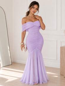 ChicMe Women's Folded Shoulder Cold Shoulder Ruched Waist Fitted Mermaid Dress For Evening Party - Mauve Purple - View 2
