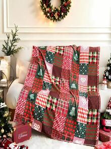 Christmas Patchwork Plaid Print Flannel Blanket, Plaid Christmas Tree Snowflake Heart Pattern Soft Throw Blanket, Holiday Home Decor Blanket - Multicolor - View 1