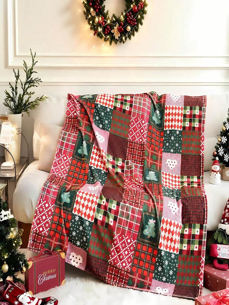Christmas Patchwork Plaid Print Flannel Blanket, Plaid Christmas Tree Snowflake Heart Pattern Soft Throw Blanket, Holiday Home Decor Blanket - Multicolor - View 1