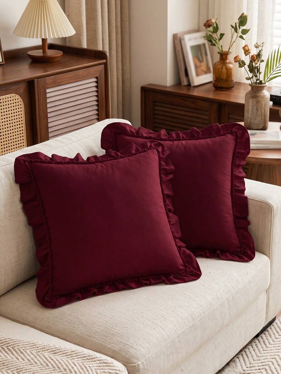 1pc Cute Ruffle Edge Pillow Case - Polyester Fabric, Romantic French Style, Ruffle Edge Cushion Cover (Pillow Insert Not Included), Envelope Closure, Wrinkle-Resistant, Machine Washable, Burgundy, Autumn Home Decor - Burgundy - View 1