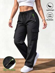 Women's Outdoor Cargo Pants, Large Pocket Design, Drawstring Elastic Waist, Casual Sports Long Pants, Black, Autumn - Black - View 2